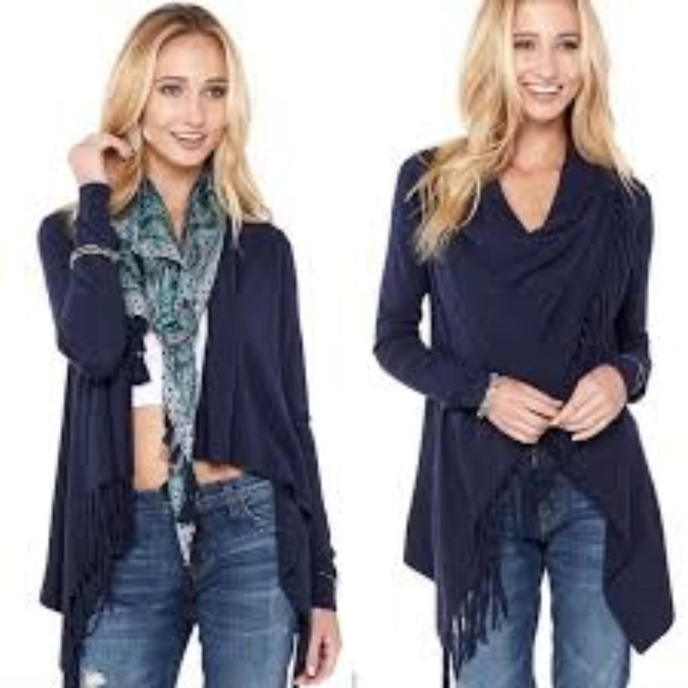 Love Stitch Fringed Shawl Sweater in Navy Blue